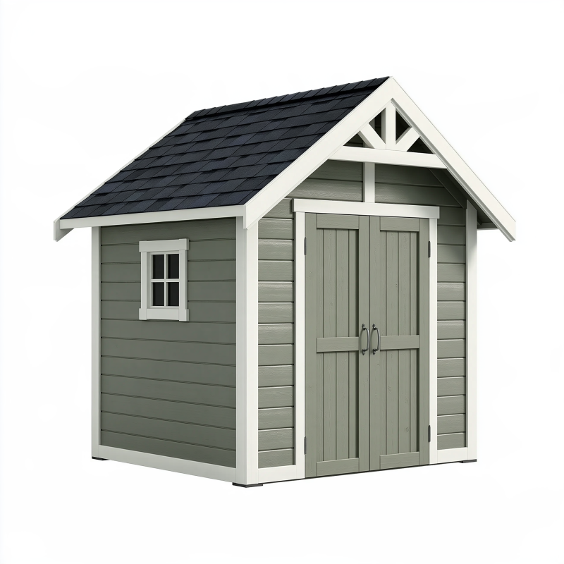 Abri de jardin 220 x 180 x 240 cm en bois vert gris avec double porte et toiture à deux pentes