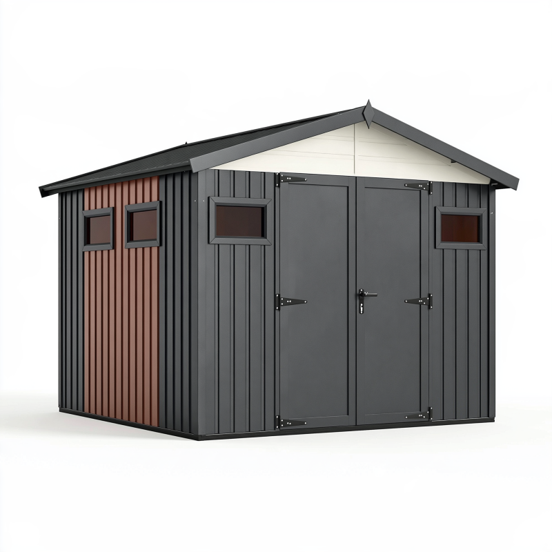 Abri de jardin 200 x 150 x 200 cm en métal anthracite et brun avec portes doubles et fenêtres