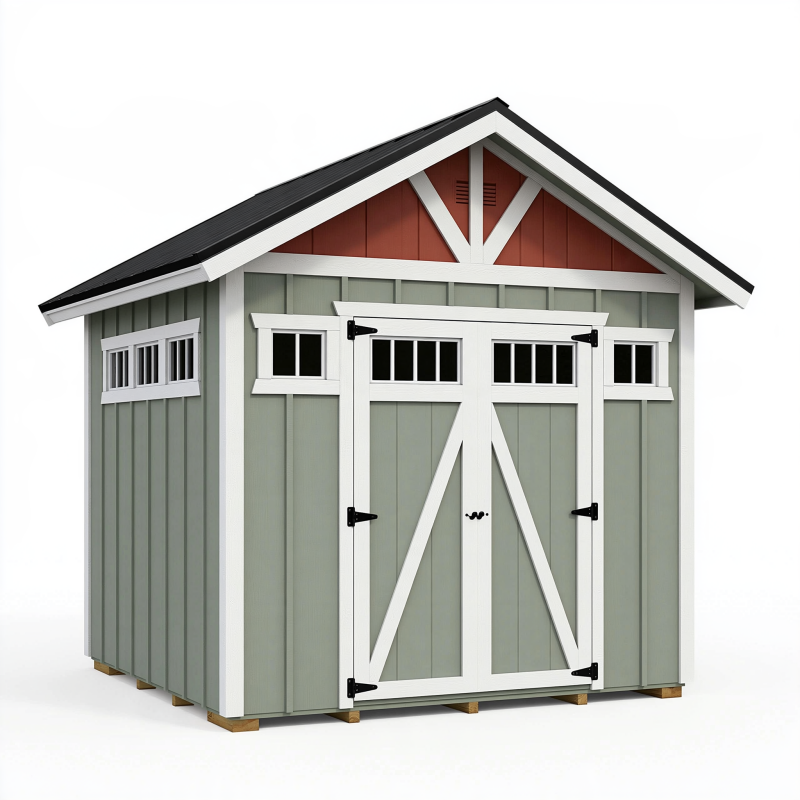 Abri de jardin 300 x 240 x 260 cm en bois vert gris avec doubles portes style grange