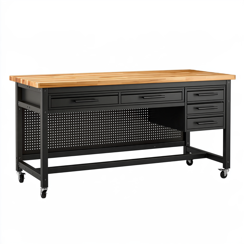 Établi d'atelier 152 x 61 x 91 cm en métal noir et bambou naturel avec tiroirs et roulettes