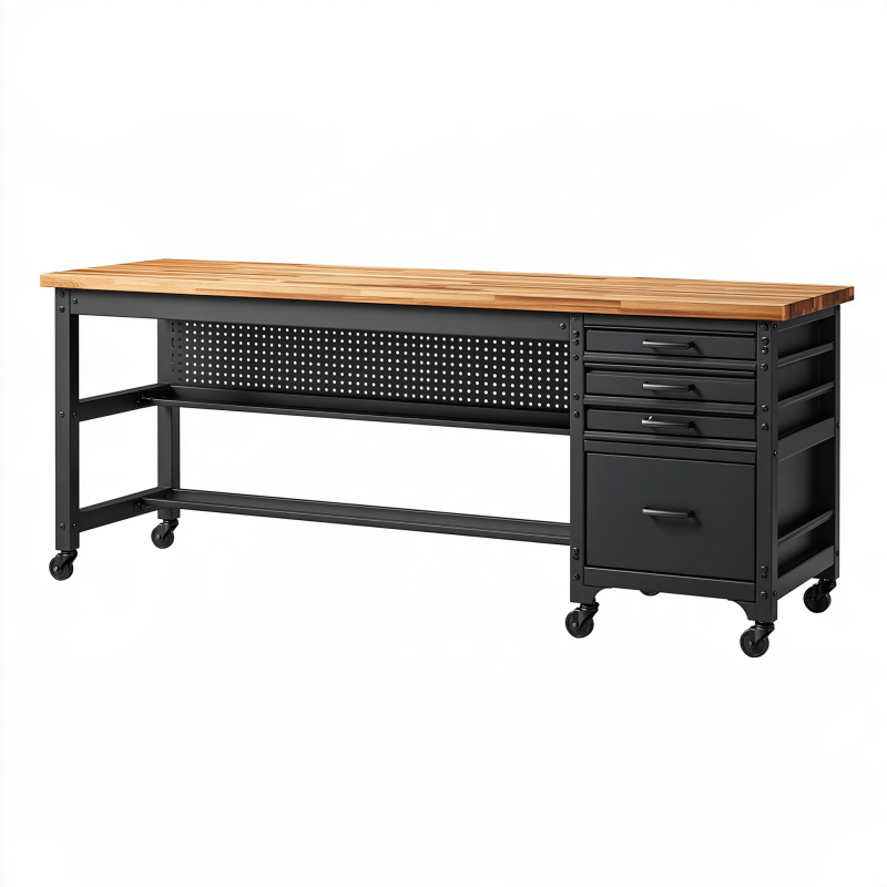 Établi d'atelier 160 x 60 x 91 cm en bois et acier noir avec tiroirs sur roulettes