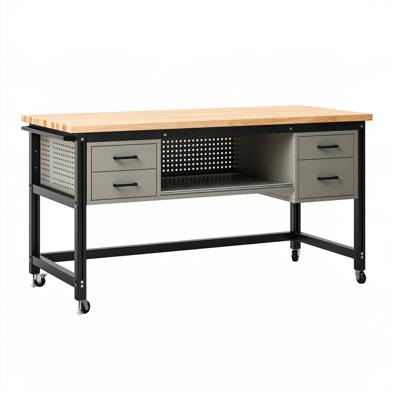 Établi d'atelier 152 x 71 x 86 cm en bois et acier noir gris à roulettes avec tiroirs
