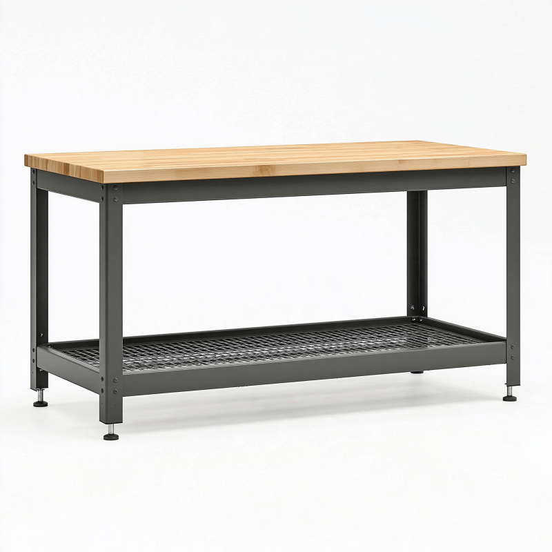 Établi 120 x 60 x 90 cm en bois et acier noir avec étagère grillagée