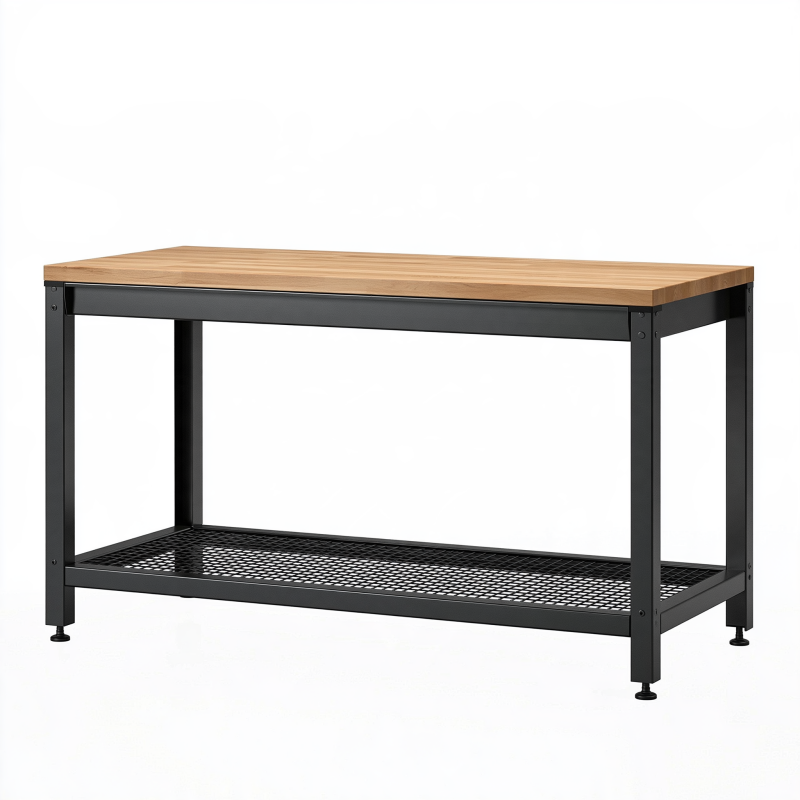 Établi 120 x 60 x 90 cm en bois et acier noir avec étagère de rangement style industriel