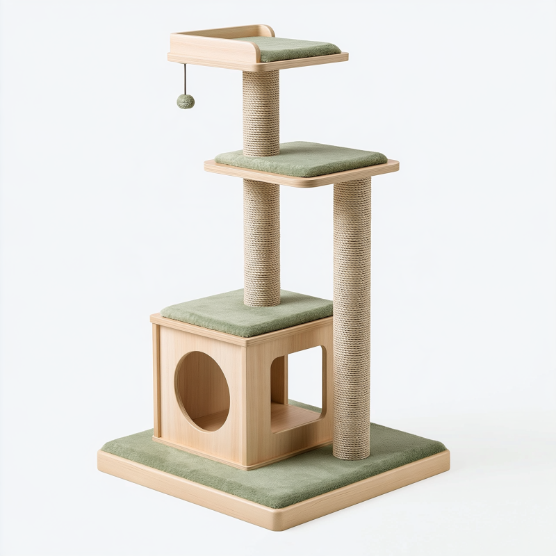 Arbre à chat 60 x 50 x 145 cm beige et vert en bois sisal avec niche plateformes et jouet suspendu