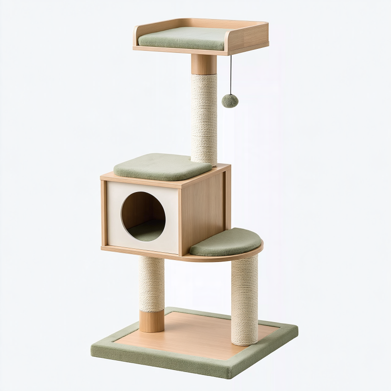 Arbre à chat 60 x 45 x 140 cm en bois beige et vert avec griffoirs et niche