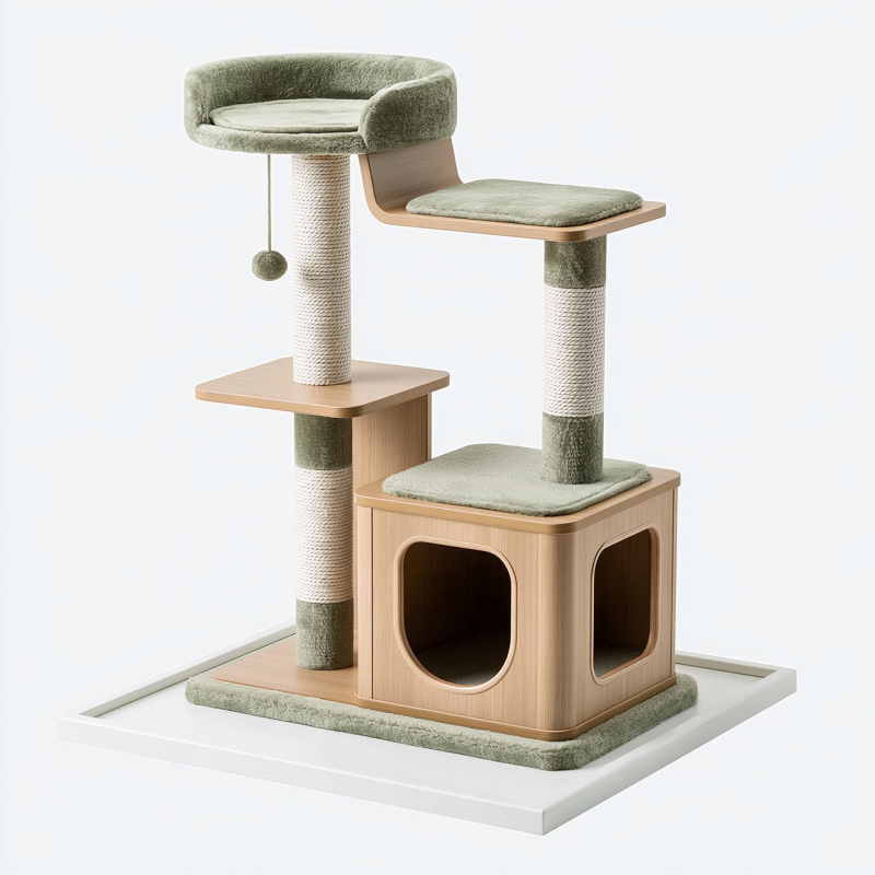 Arbre à chat 60 x 60 x 135 cm en bois beige et vert avec sisal - plateforme griffoirs et niche