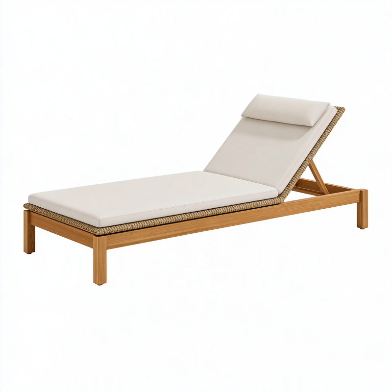 Chaise longue de jardin 200 x 70 cm en bois brun et tressage beige avec dossier réglable