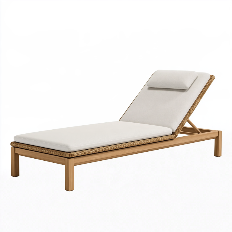 Bain de soleil 200 x 70 cm en bois et rotin beige pour extérieur avec dossier réglable