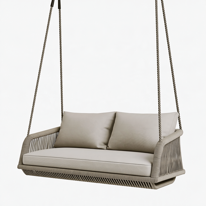 Balancelle de jardin 2 places 150 x 75 x 55 cm en corde tressée beige suspendue