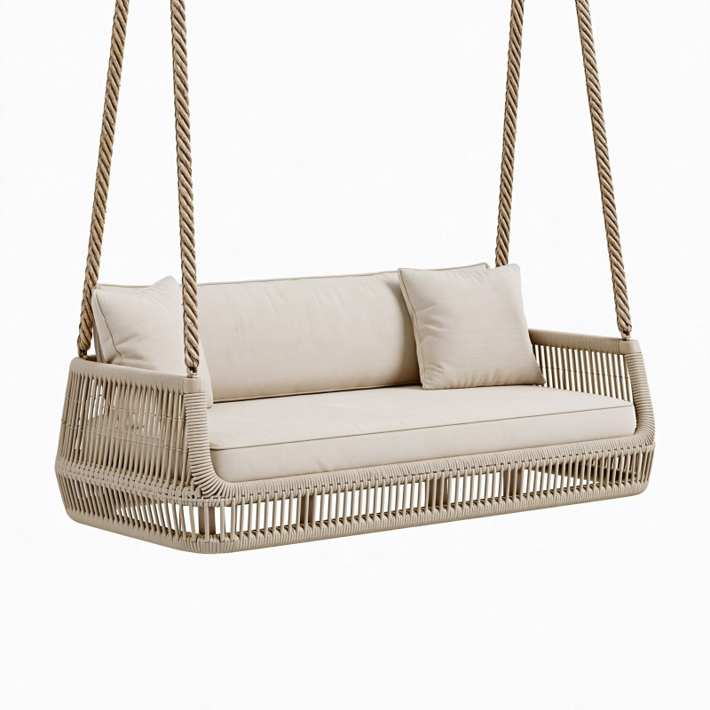 Balançoire suspendue 160 x 75 x 60 cm en résine tressée beige pour jardin style bohème