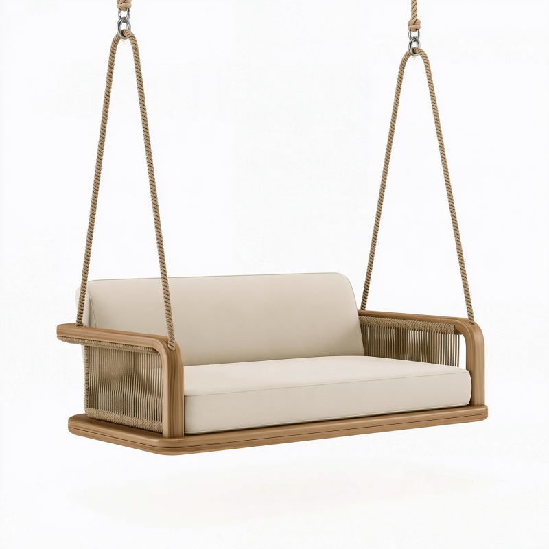 Balancelle de jardin 140 cm en bois beige avec cordes pour terrasse