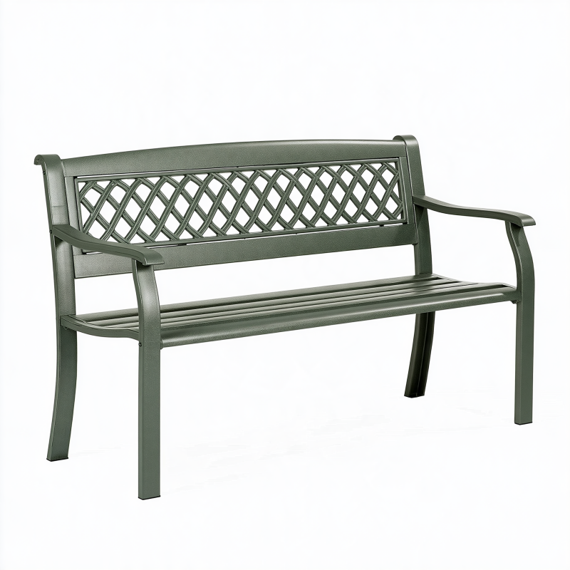 Banc de jardin 120 cm en métal vert foncé avec accoudoirs dossier ajouré