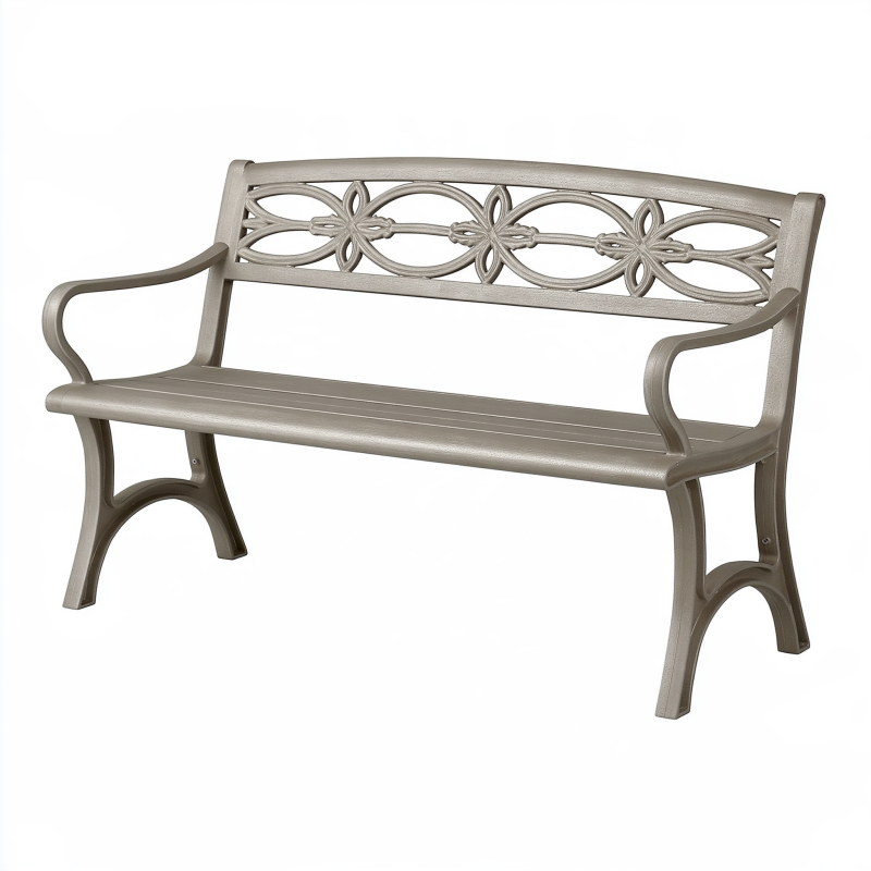 Banc de jardin 123 x 62 x 89 cm en métal taupe à accoudoirs décor floral