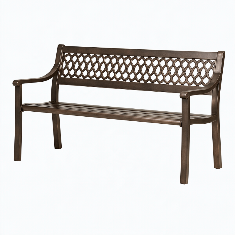Banc de jardin 150 x 60 x 85 cm en résine marron avec accoudoirs décor ajouré