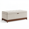 Banc coffre de rangement 120 x 45 x 48 cm en tissu beige avec base en bois style contemporain
