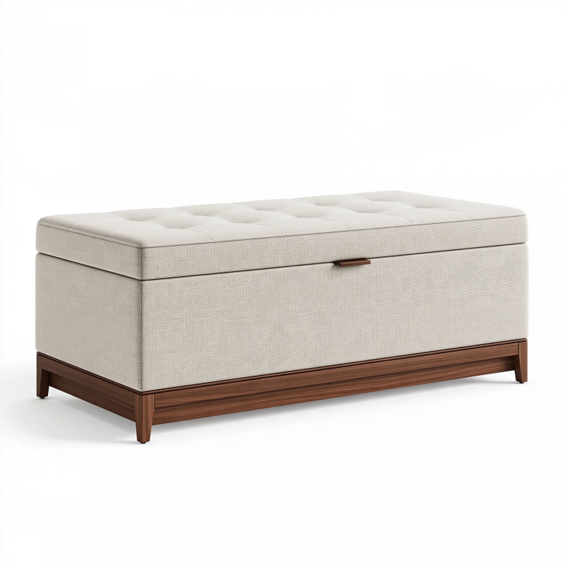 Banc coffre de rangement 120 x 45 x 48 cm en tissu beige avec base en bois style contemporain