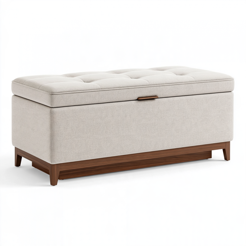 Banc coffre de rangement 100 x 45 x 48 cm en tissu beige avec piètement en bois