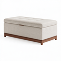 Banc coffre 120 x 45 x 48 cm en tissu beige et bois marron - Assise capitonnée de rangement