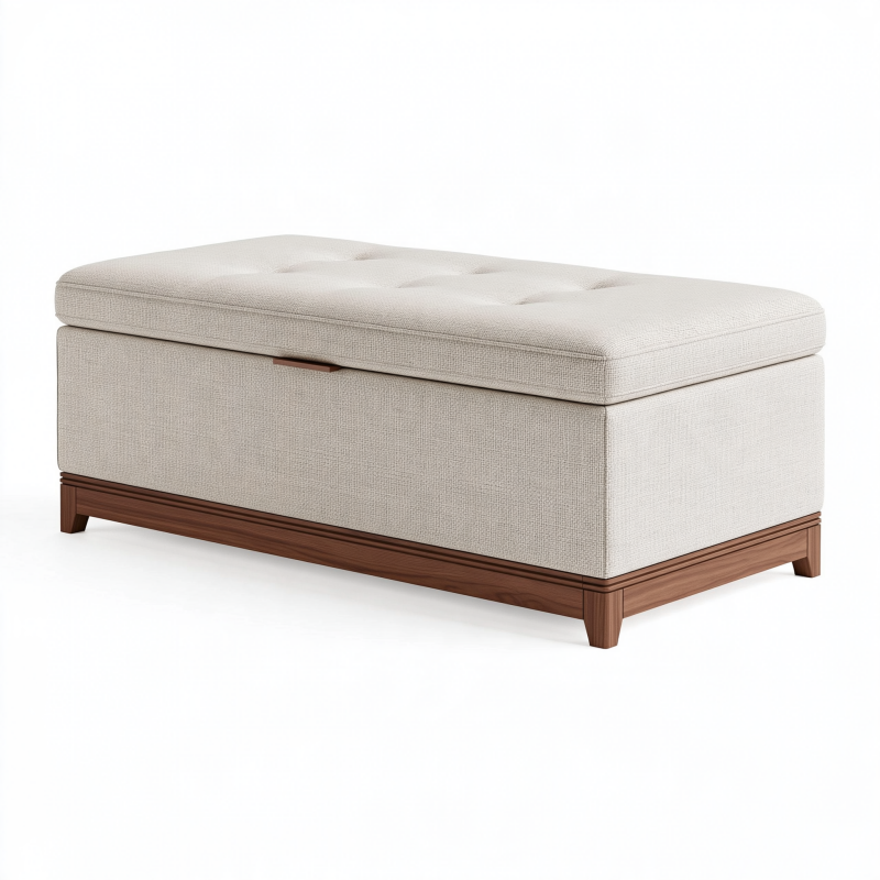Banc coffre 120 x 45 x 48 cm en tissu beige et bois marron - Assise capitonnée de rangement
