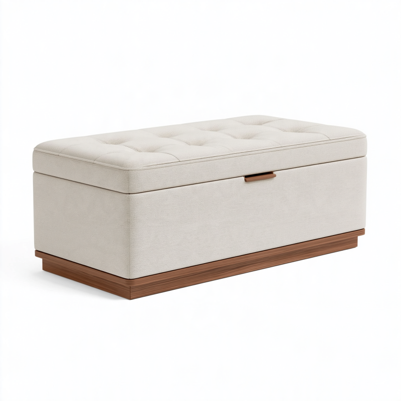 Banc coffre 120 x 45 x 50 cm en tissu beige avec rangement capitonné